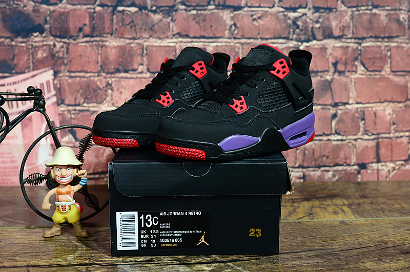 Kids Air Jordan 4 Raptors Black Red Purple Shoes - Click Image to Close